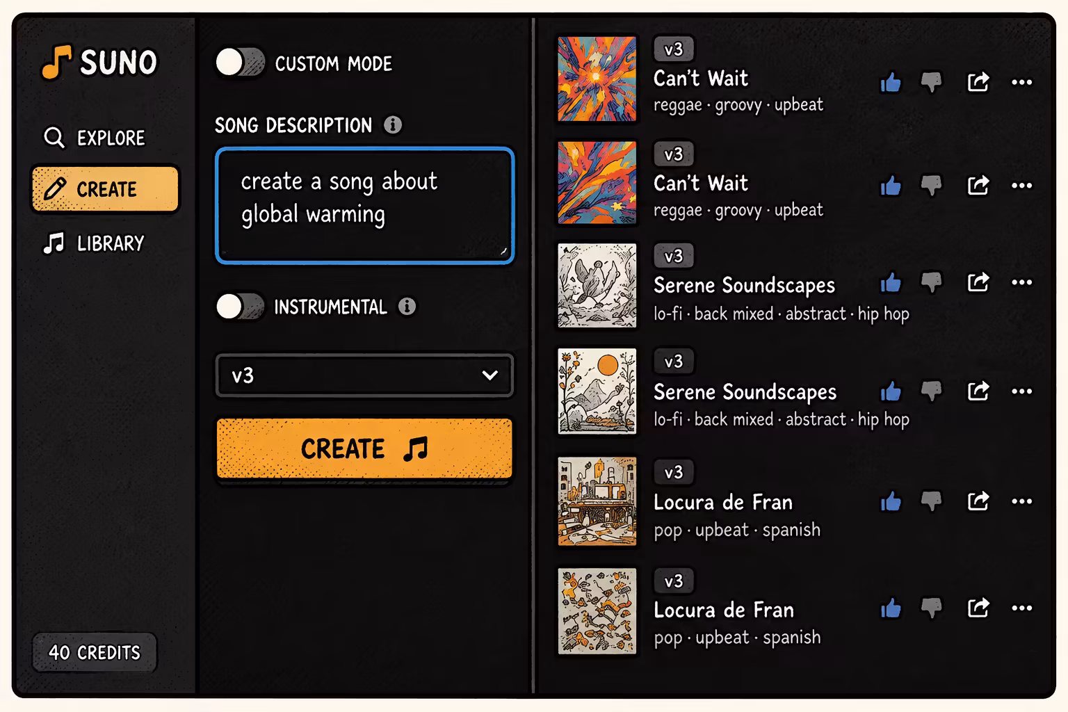 Interfaz de Suno para generar música a partir de una descripción textual